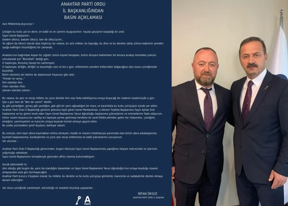 Anahtar Parti Ordu İl Başkanı İrfan Öksüz İstifa Etti